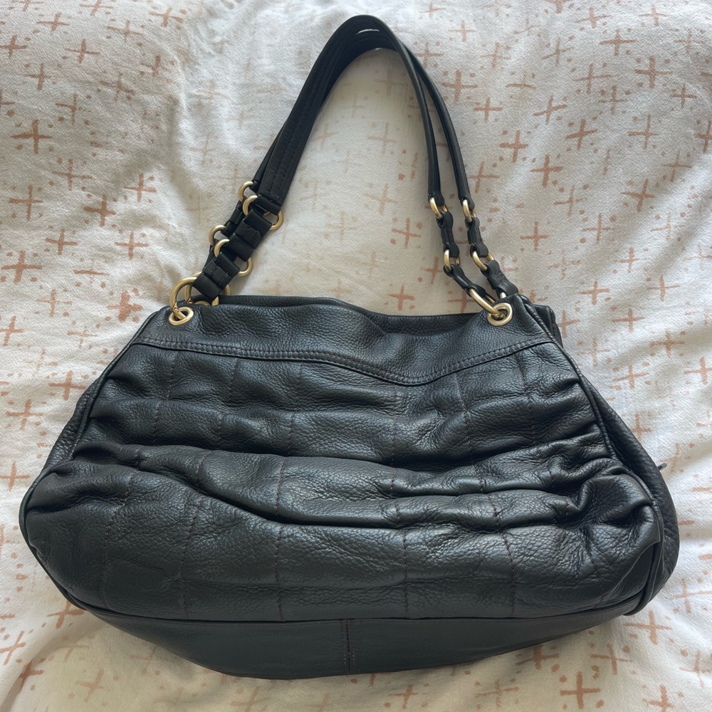 COLE HAAN Bailey II Black Pebbled Ruched Leather Shoulder Bag